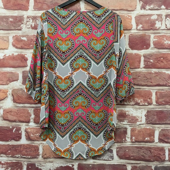 PEACH LOVE CALIFORNIA PINK MULTICOLOR BOHO FLORAL PULLOVER BLOUSE - Picture 3 of 8